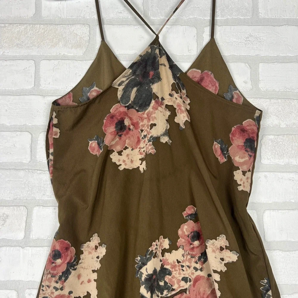 Intimately Free People XS Olive Green Floral Cami Cross Back Spaghetti Strap Top